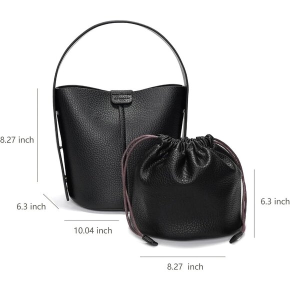 Newbella Women's Black Bucket Soft PU Leather Tote Hobo Purses with Zipper - Picture 3 of 7